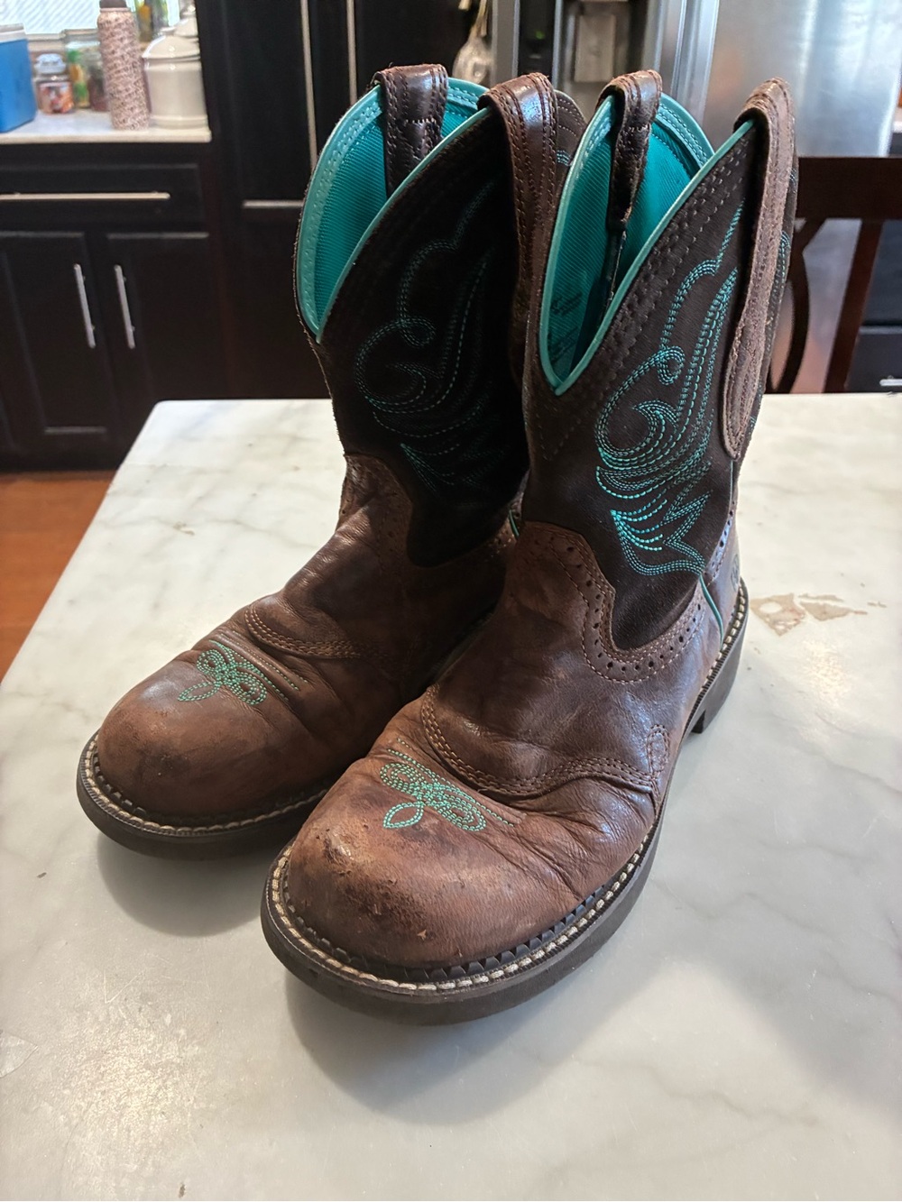Brown Leather Women's Western Boots with Teal Stitching